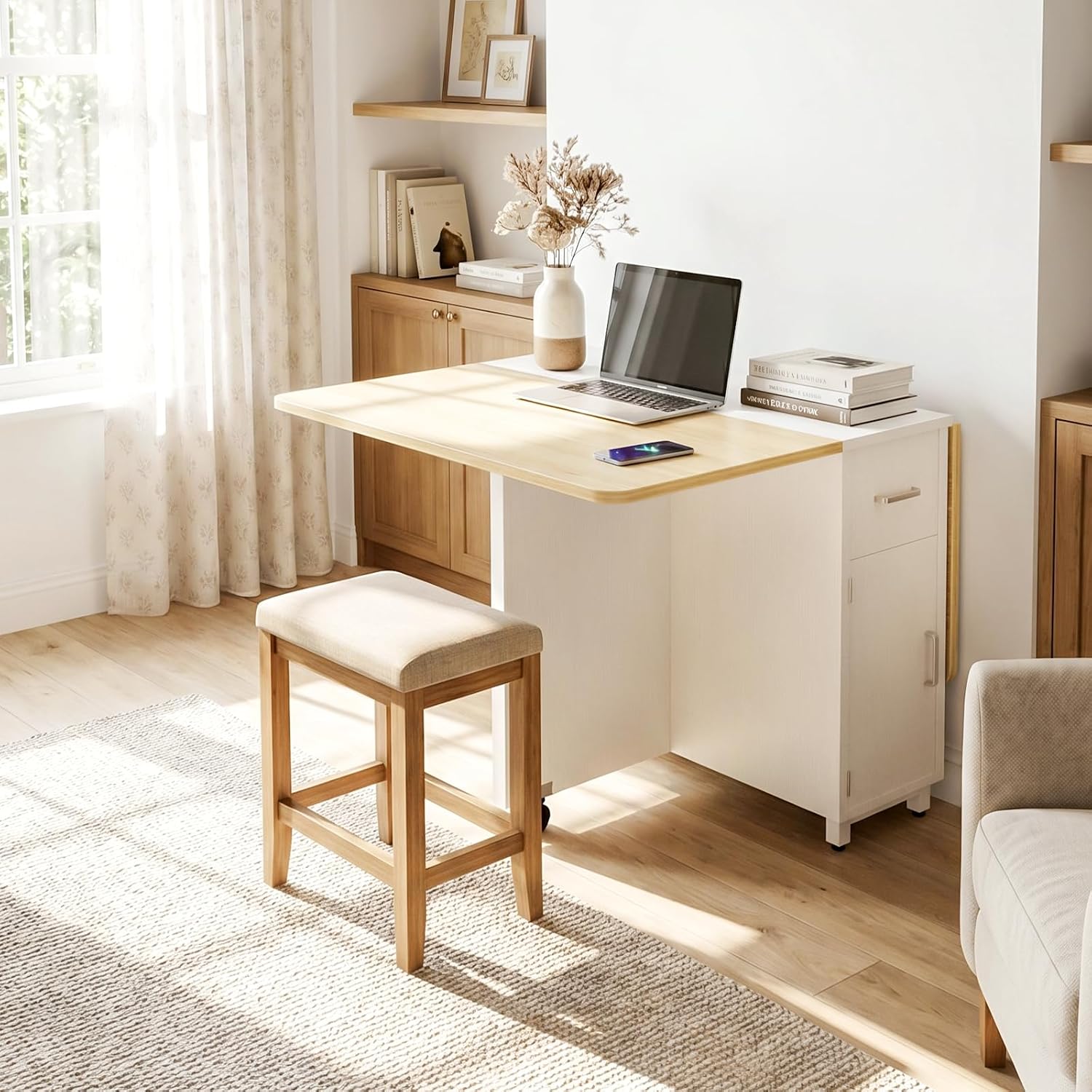 Natural Drop Leaf Dining Table With Wheels Storage