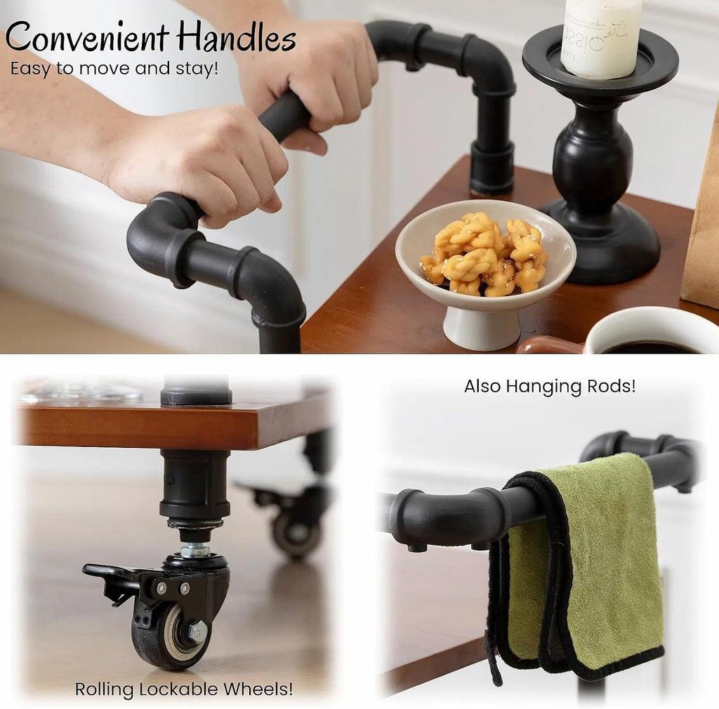 2-Tier Pipe Wood Bar Cart