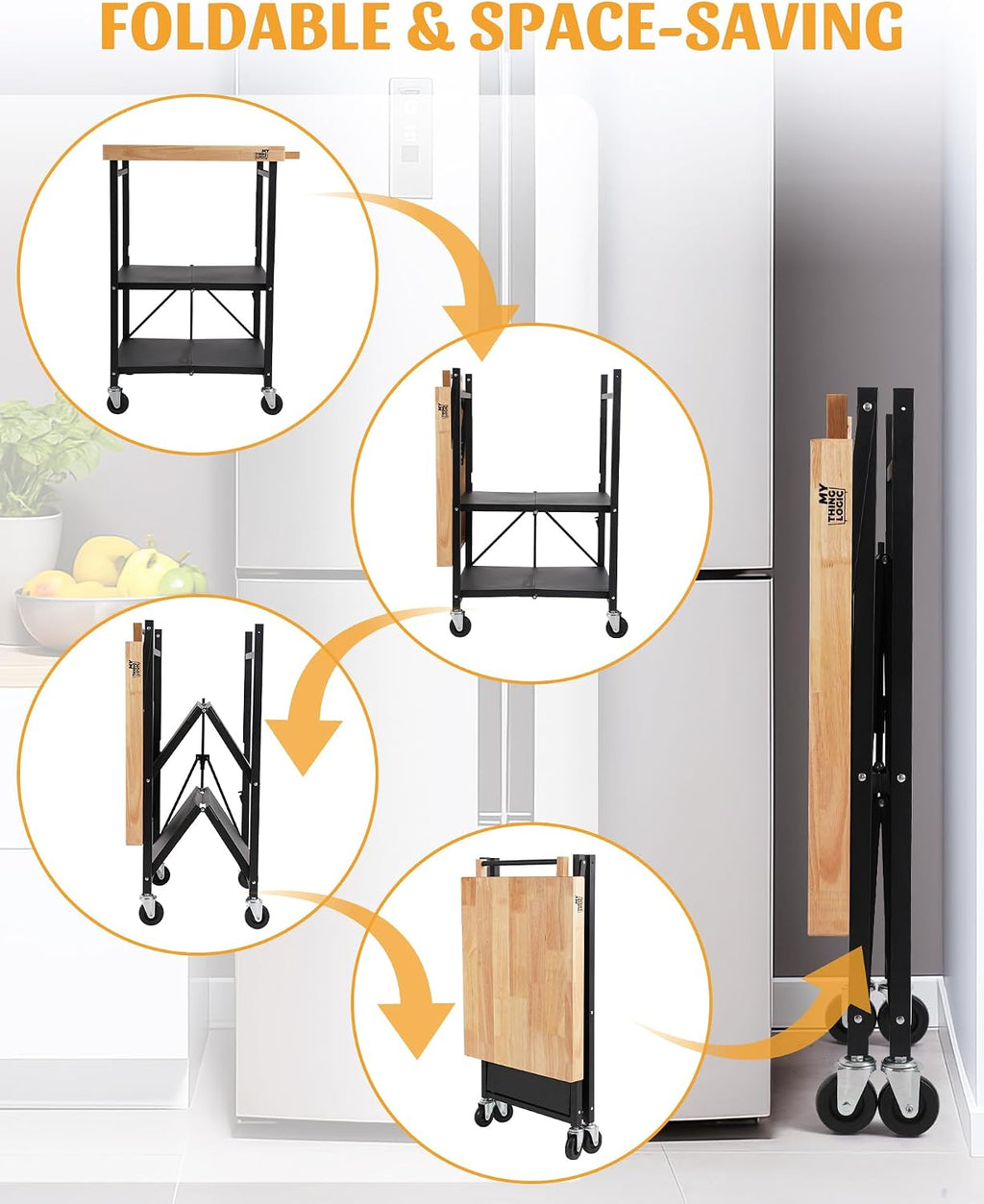 Foldable 3-Tier Kitchen Rolling Cart