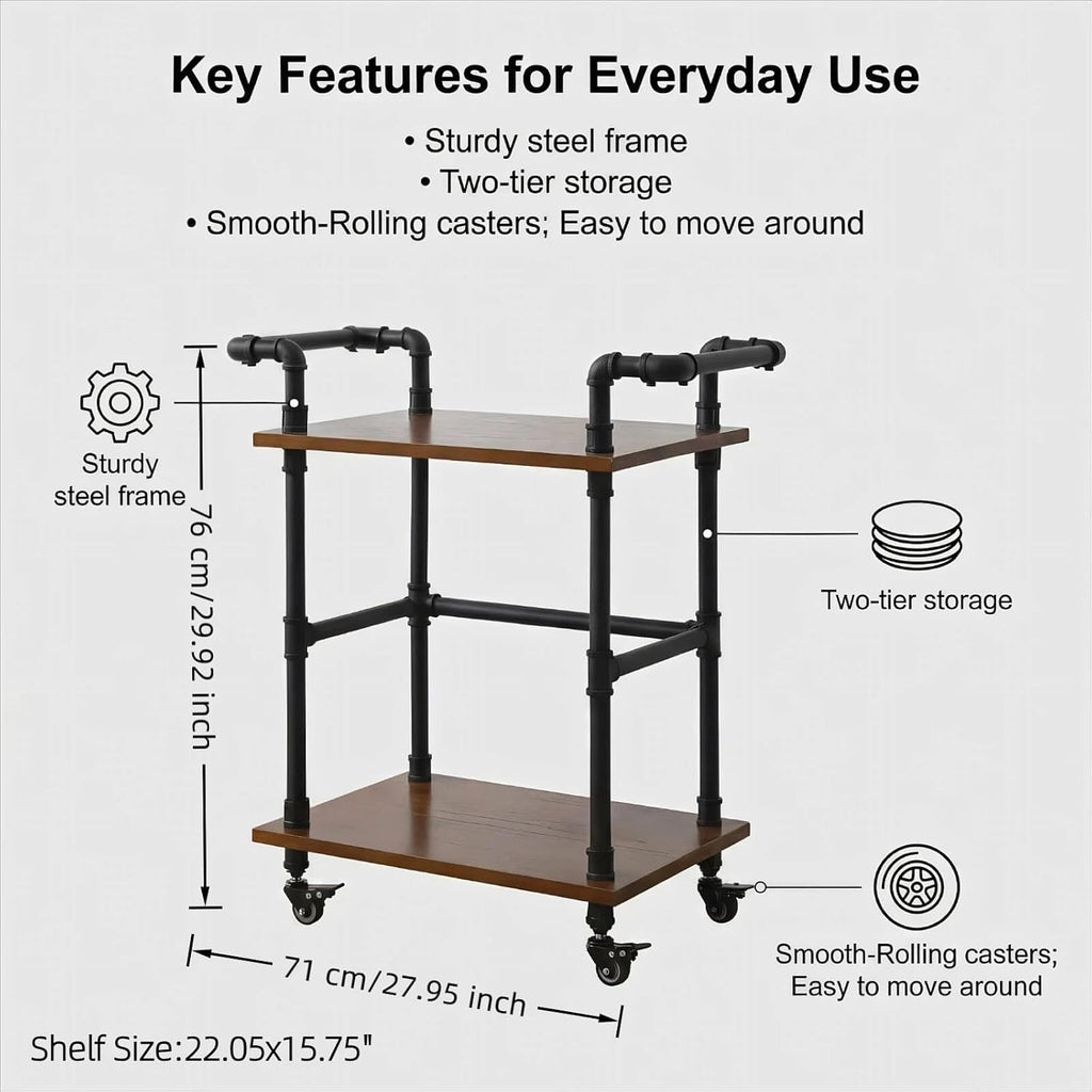 2-Tier Pipe Wood Bar Cart