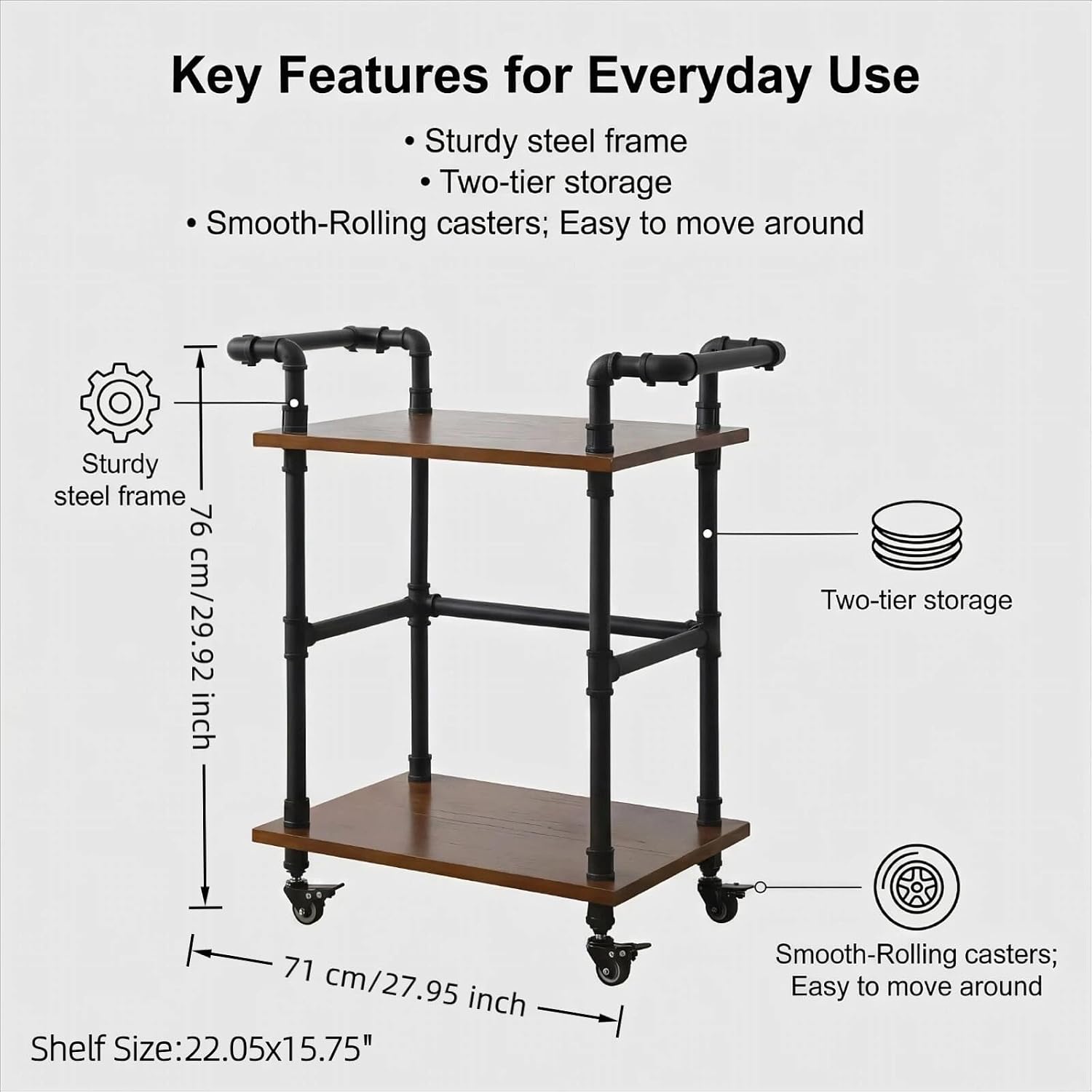 2-Tier Pipe Wood Bar Cart