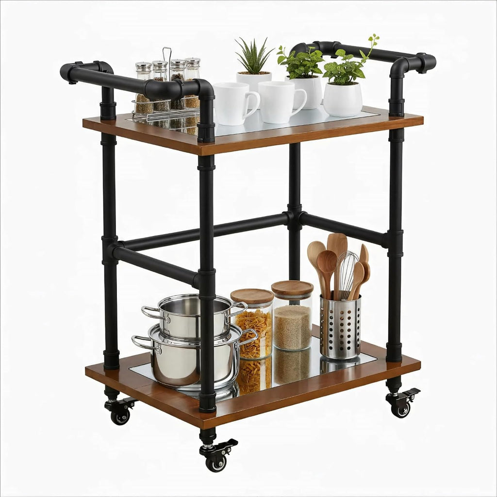 2-Tier Pipe Wood Bar Cart