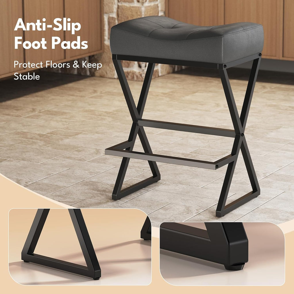 Grey Leather Saddle Counter Stools