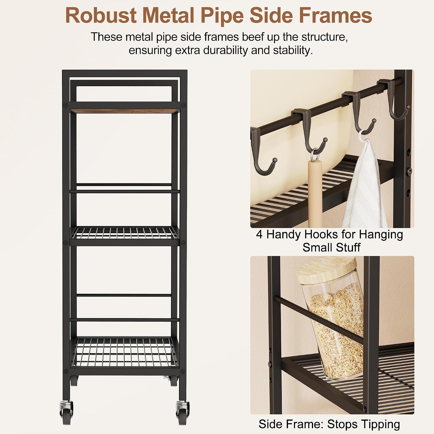 3-Tier Adjustable Rolling Kitchen Cart