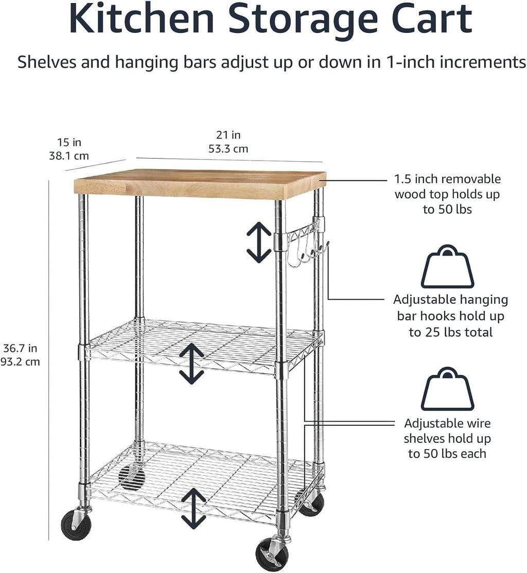 Chrome Wood Rolling Kitchen Cart