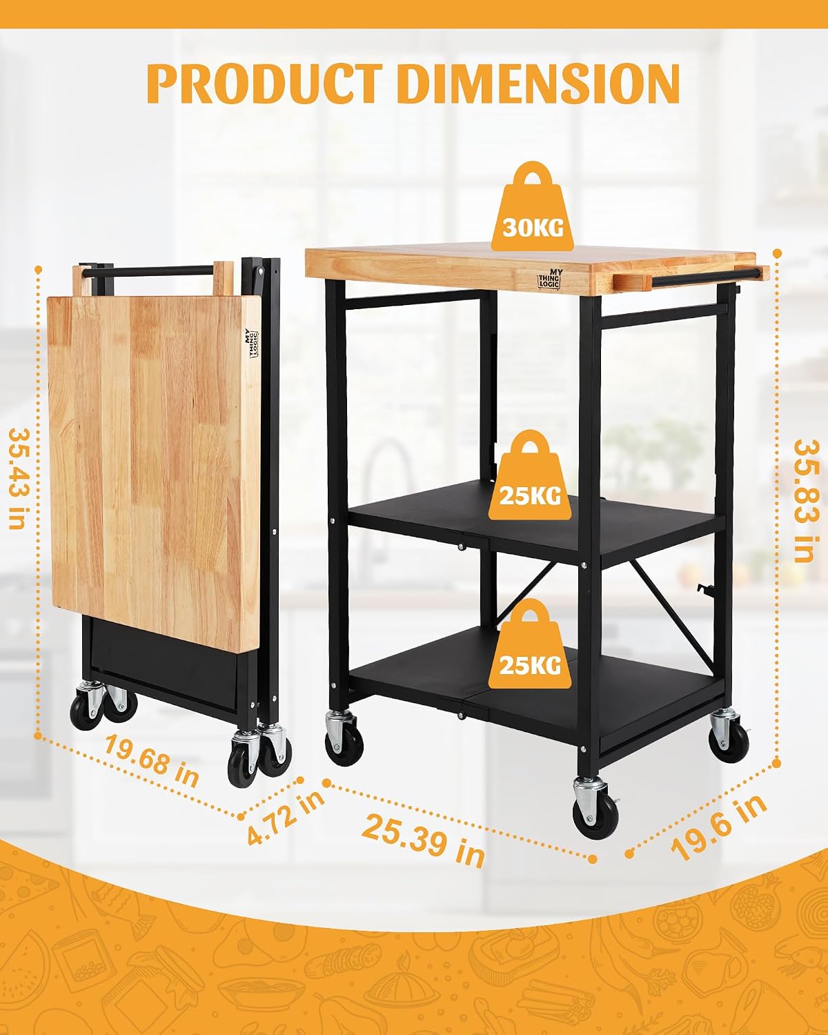 Foldable 3-Tier Kitchen Rolling Cart