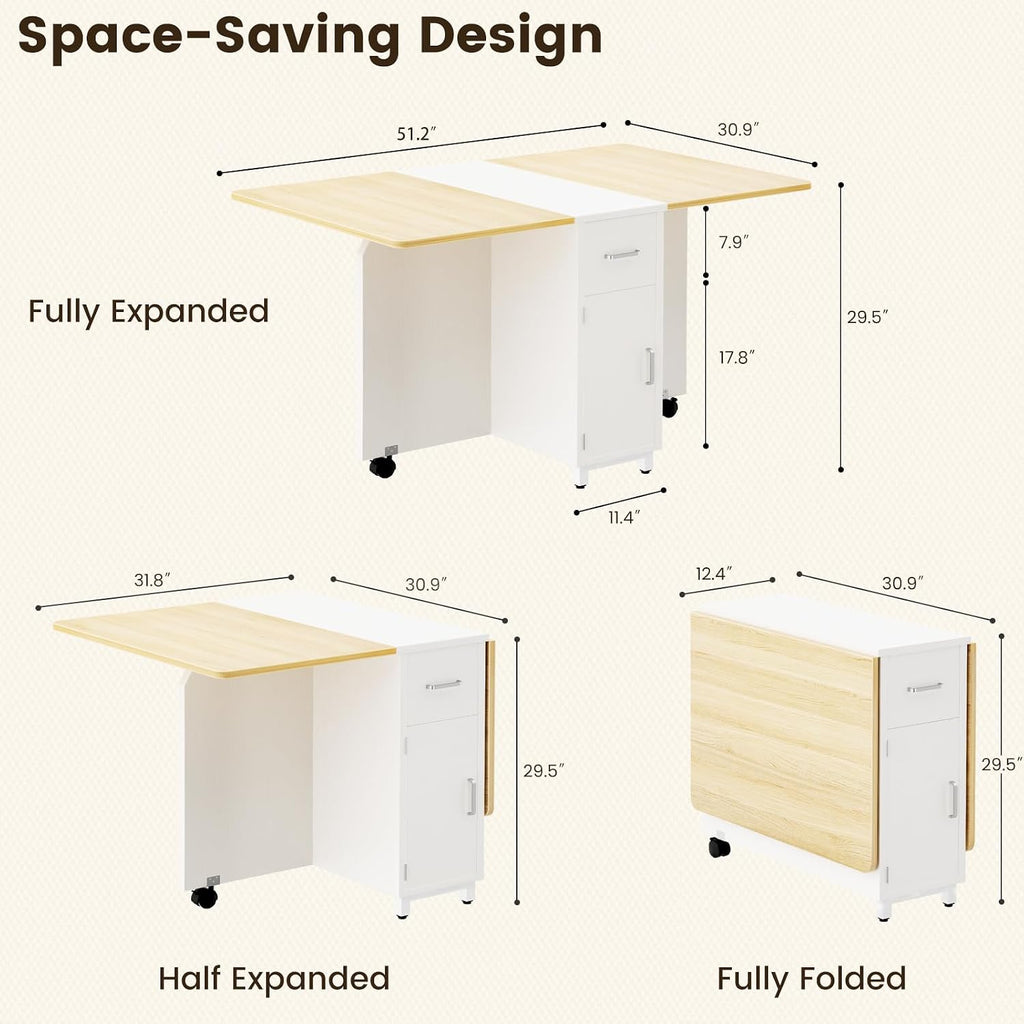 Natural Drop Leaf Dining Table With Wheels Storage