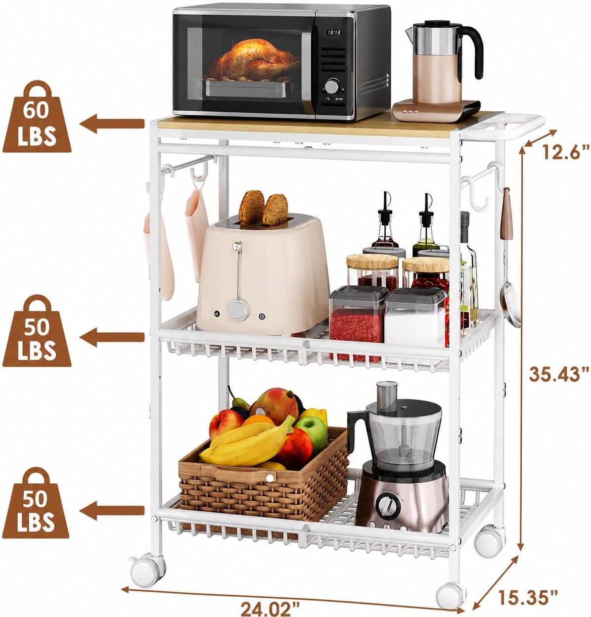 3-Tier White Rolling Kitchen Cart