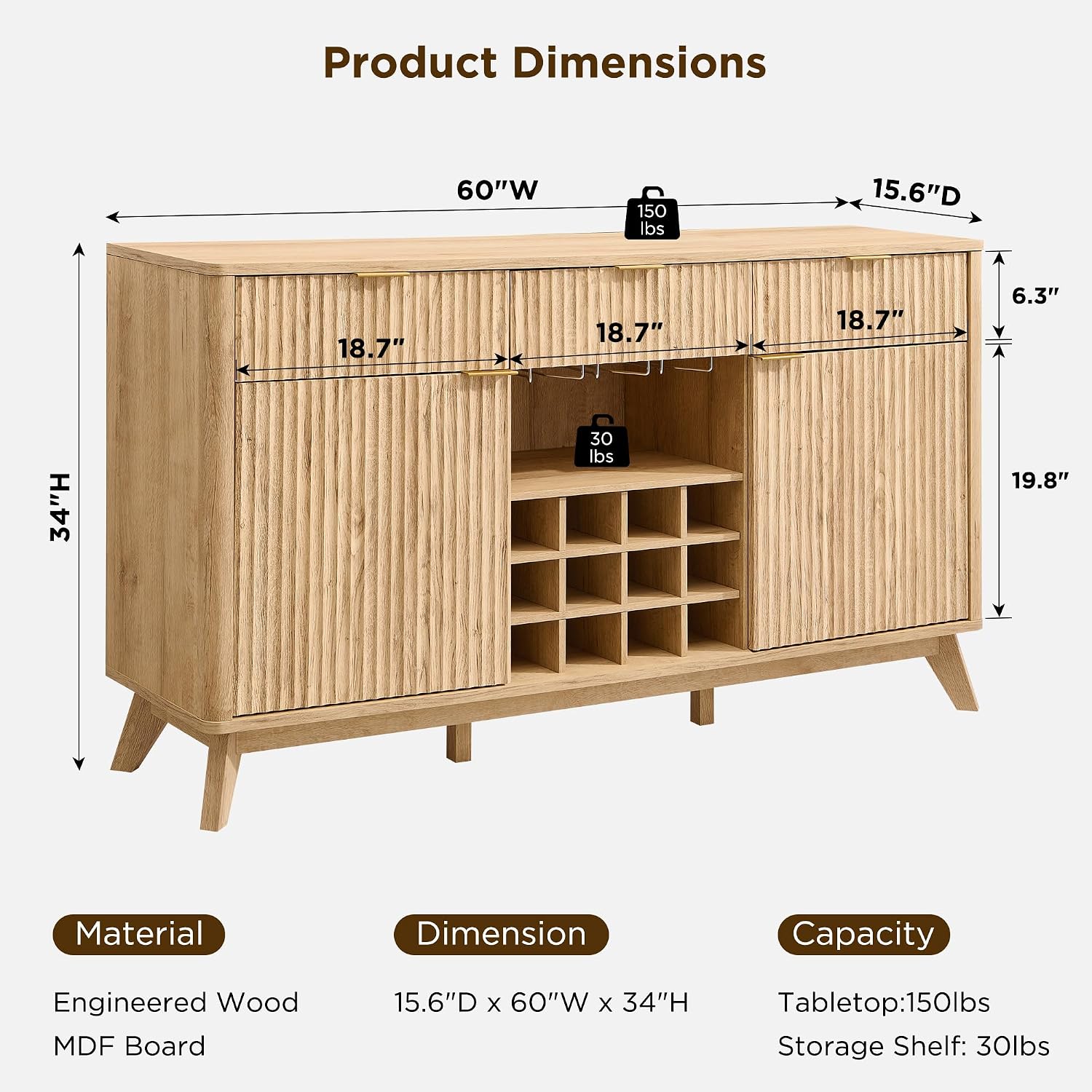 Oak Fluted Wine Bar Sideboard