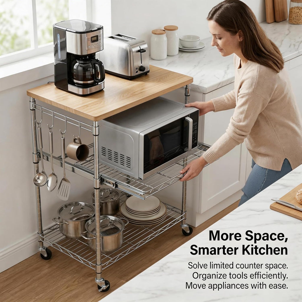 Chrome Oak Top Rolling Kitchen Cart