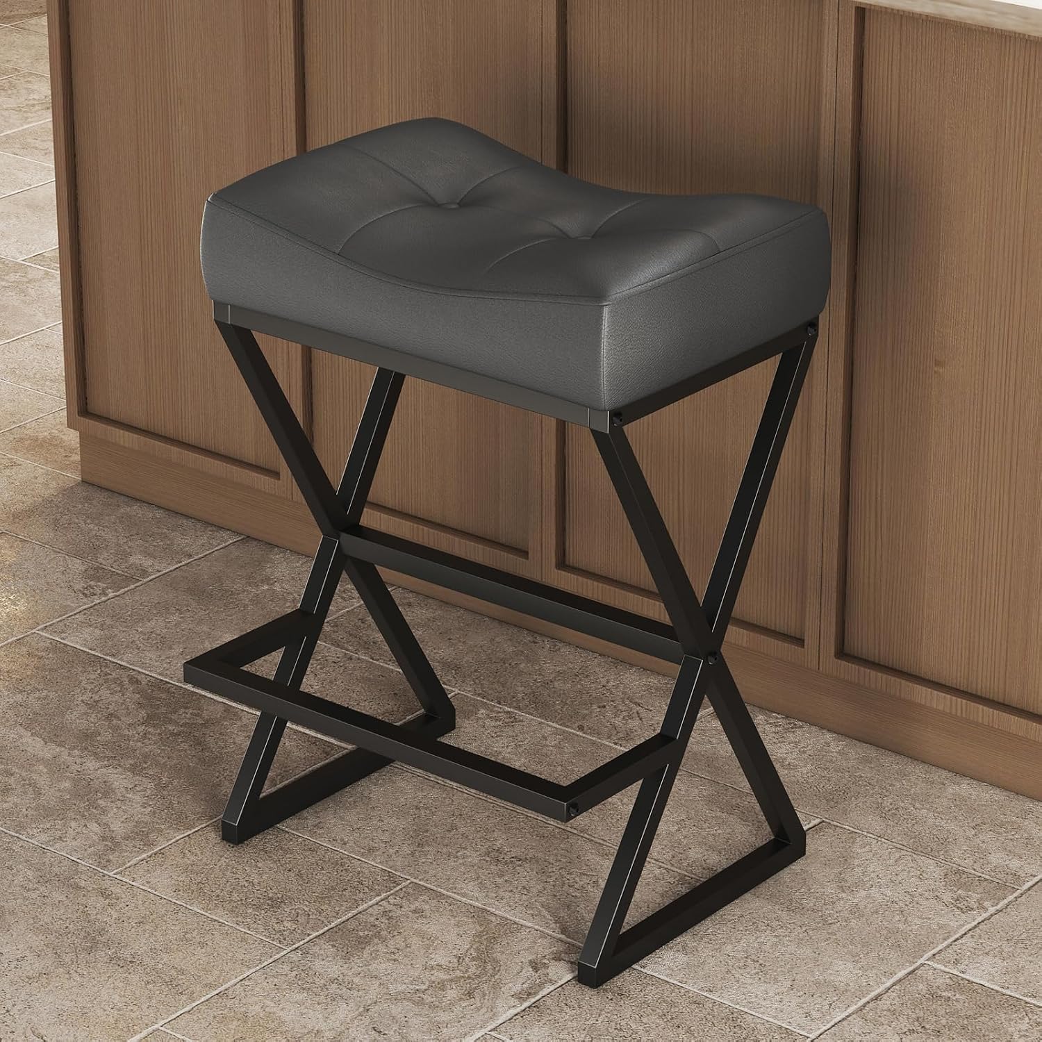 Grey Leather Saddle Counter Stools