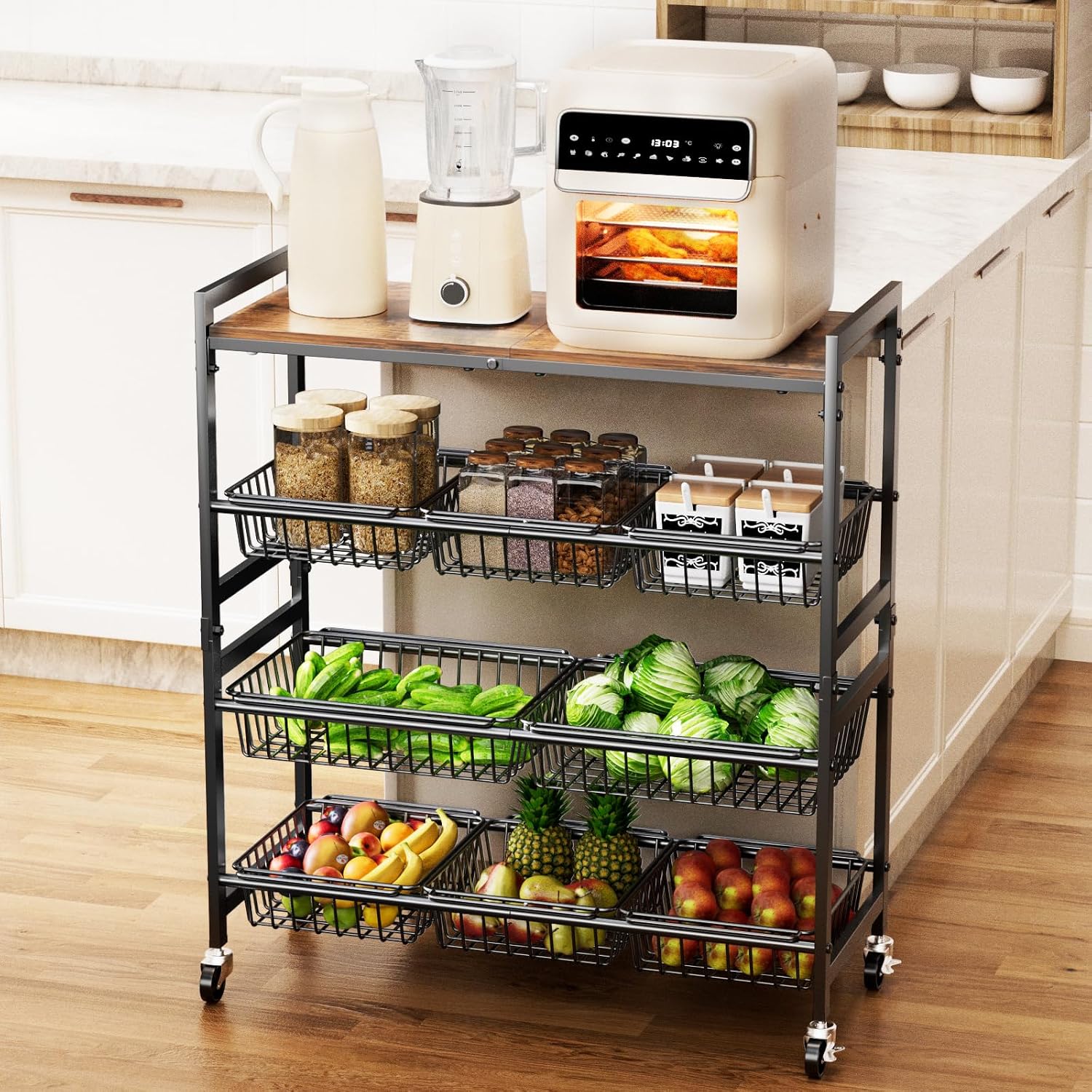 4-Tier Wood Top Rolling Kitchen Cart