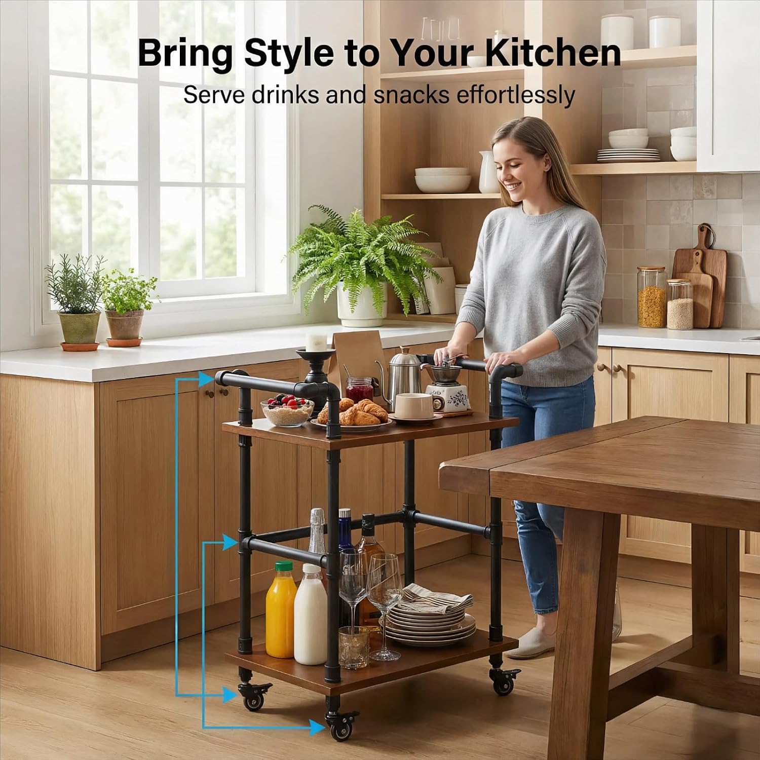 2-Tier Pipe Wood Bar Cart