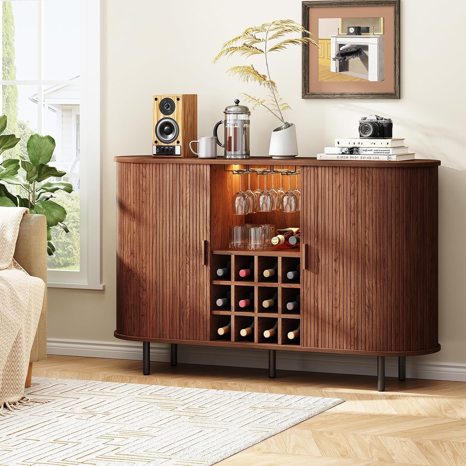 Walnut Fluted LED Wine Sideboard