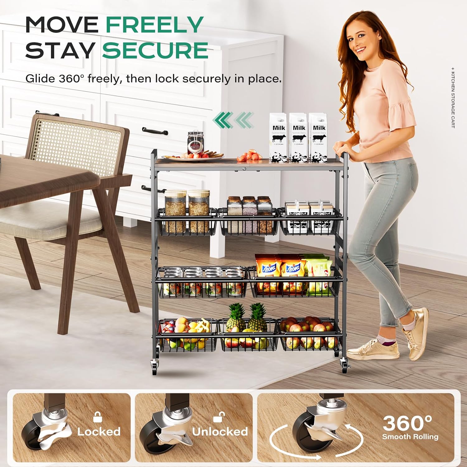 4-Tier Wood Top Rolling Kitchen Cart
