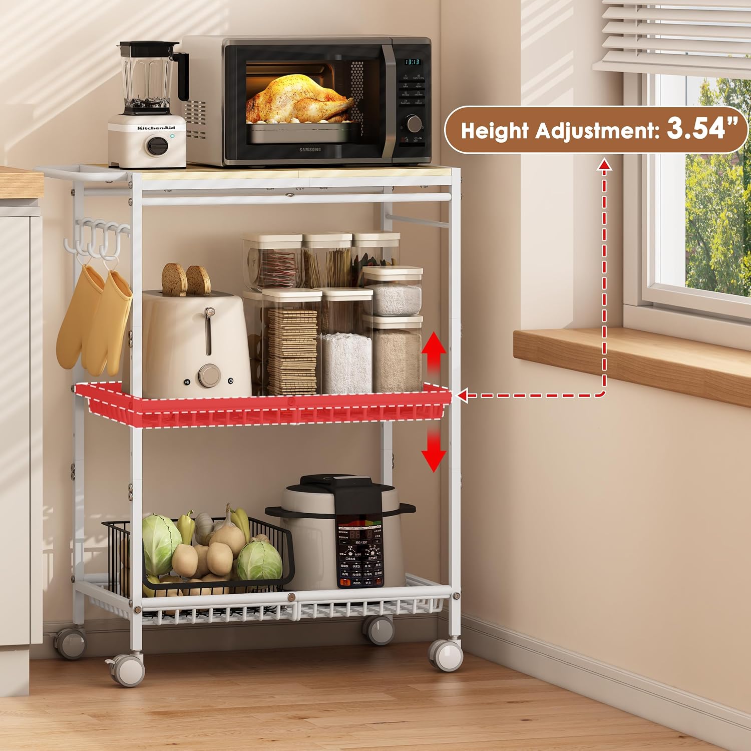 3-Tier White Rolling Kitchen Cart