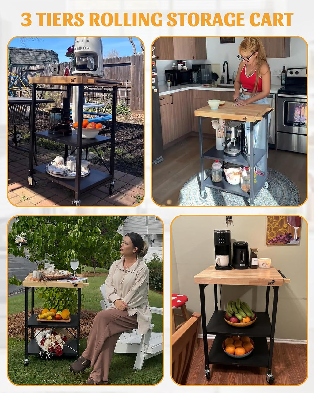 Foldable 3-Tier Kitchen Rolling Cart
