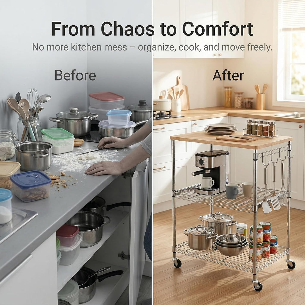 Chrome Oak Top Rolling Kitchen Cart