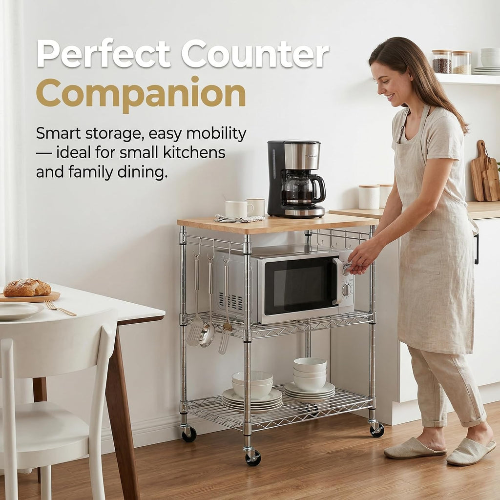 Chrome Oak Top Rolling Kitchen Cart