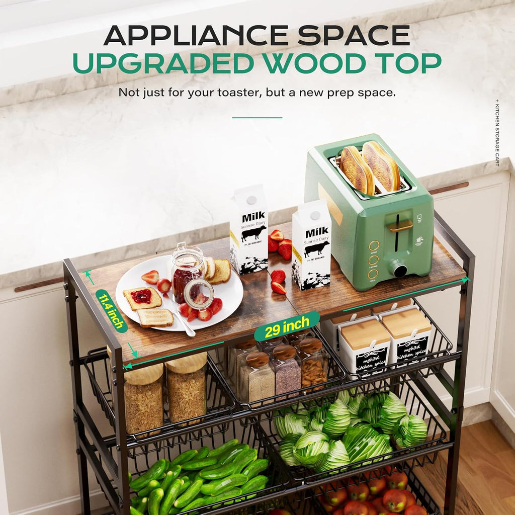 4-Tier Wood Top Rolling Kitchen Cart