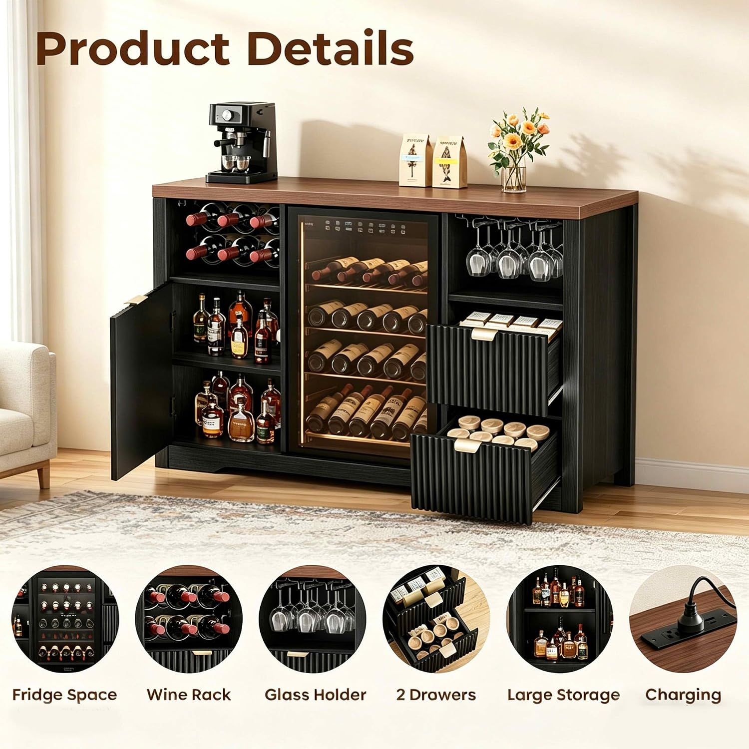 Black Fluted Wine Bar Sideboard