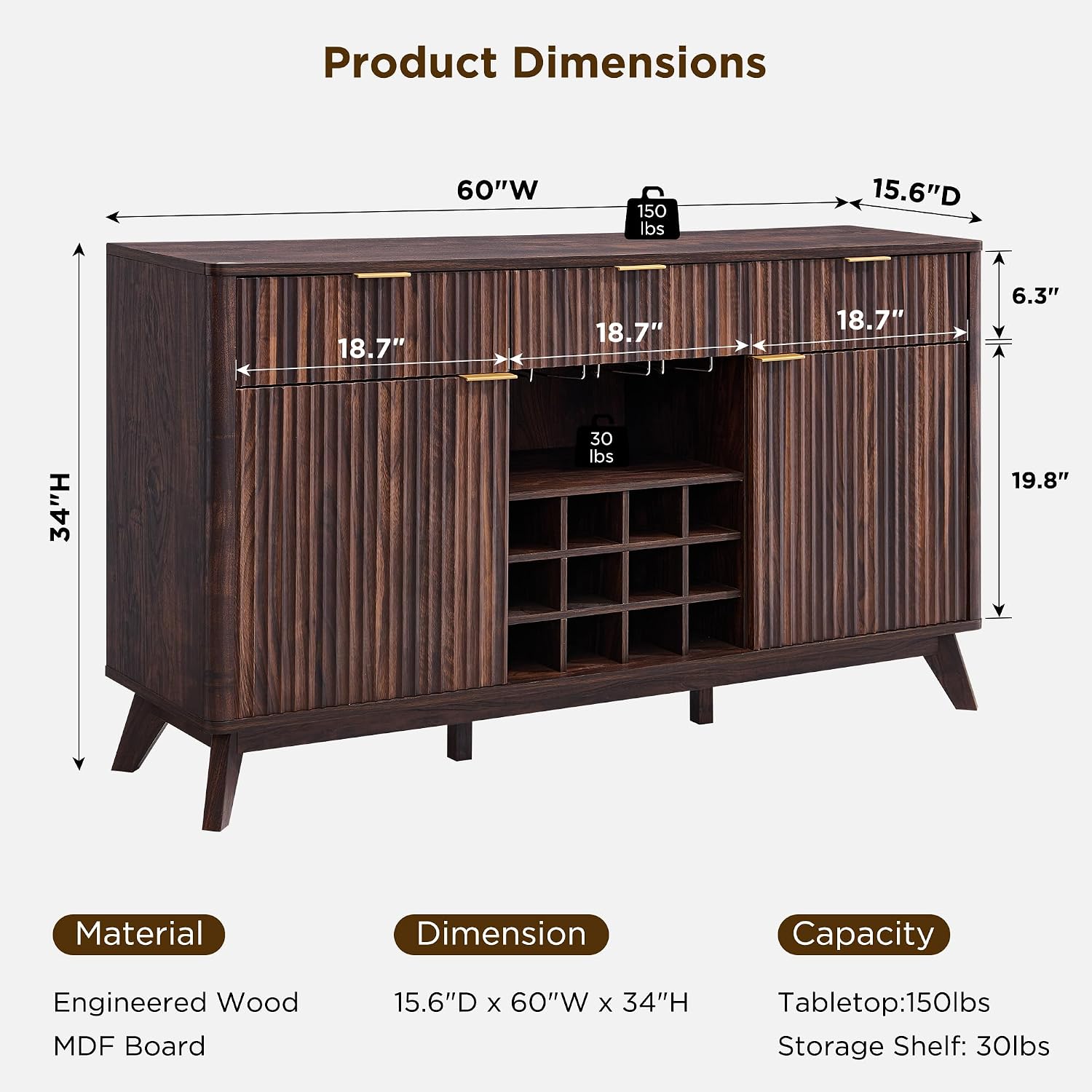 Dark Walnut Fluted Wine Sideboard