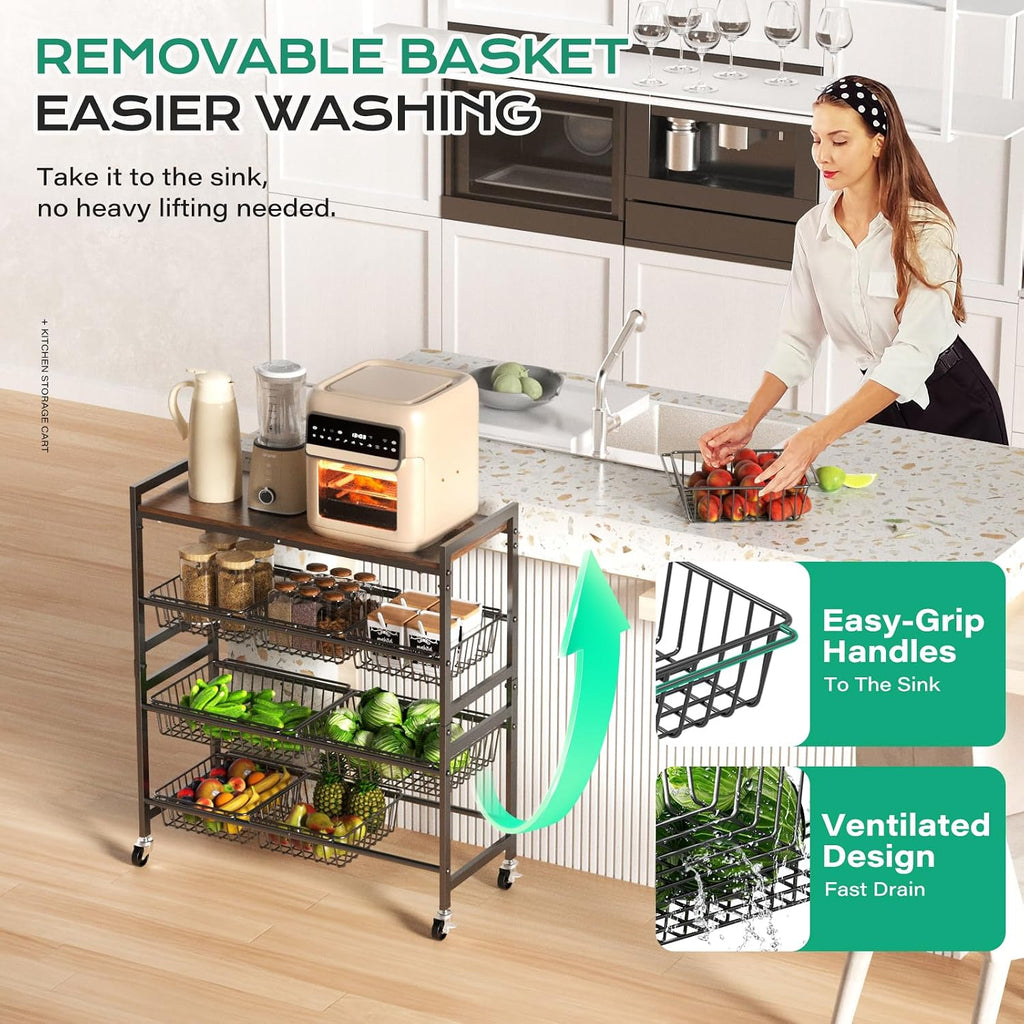 4-Tier Wood Top Rolling Kitchen Cart