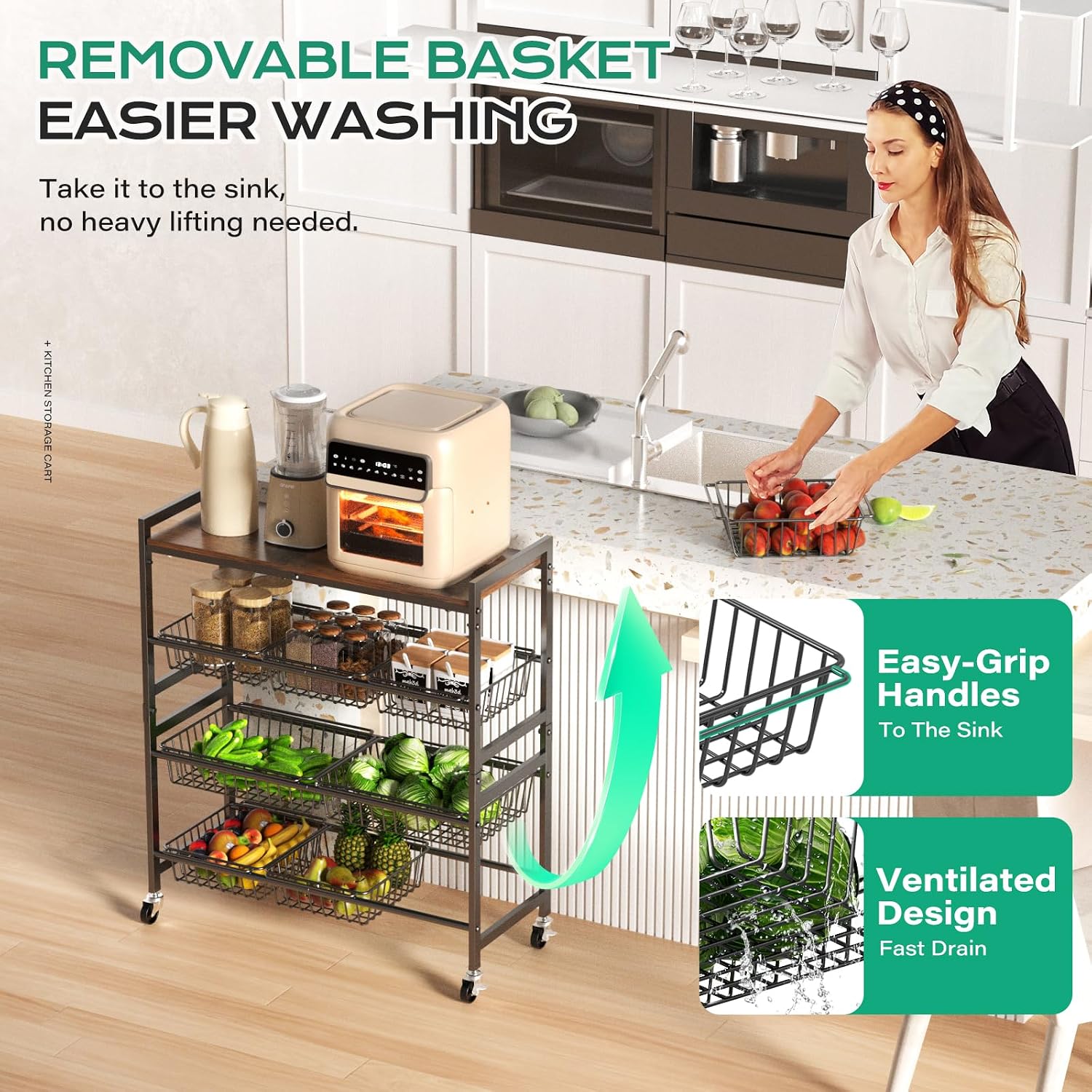 4-Tier Wood Top Rolling Kitchen Cart