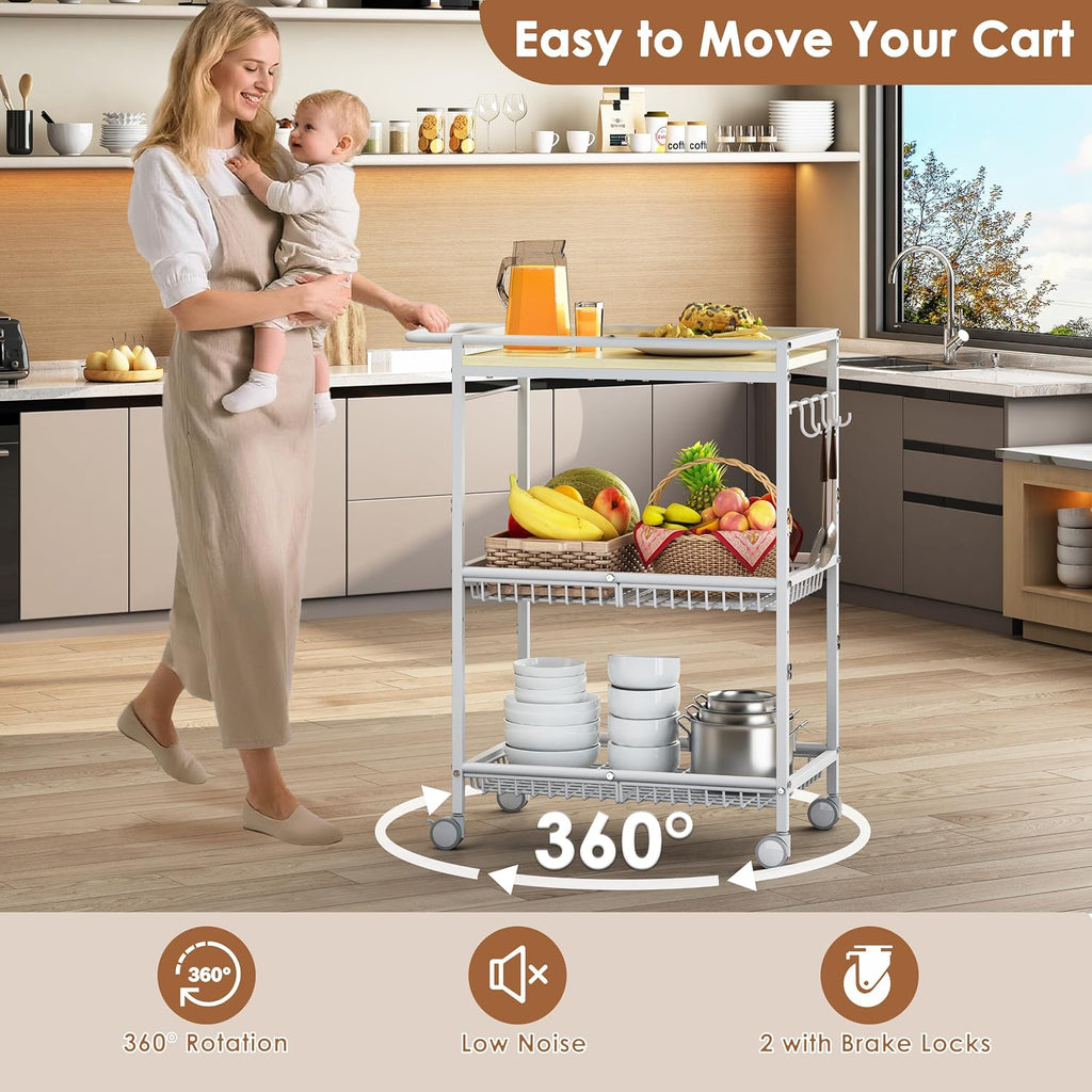 3-Tier White Rolling Kitchen Cart
