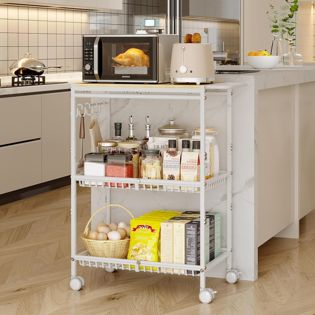 3-Tier White Rolling Kitchen Cart
